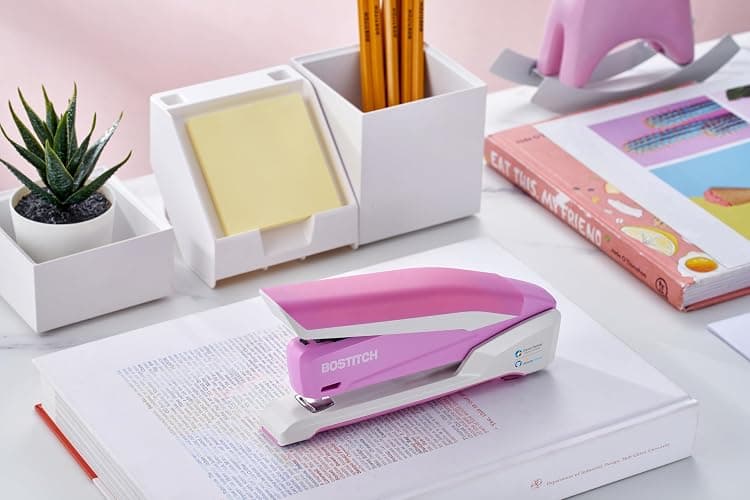 Bostitch Office InPower Spring-Powered Desktop Stapler, 20 Sheet Capacity, One Finger Stapling, Includes 210 Staples, Jam Free, Opens for Tacking, Breast Cancer Awareness Pink thumbnail 2