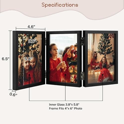 Space Art Deco Triple 4x6 Picture Frame, 3 4x6 Folding Photo Frame, Standing Vertically on Desktop or Tabletop, Home Decorative Christmas Holiday Gift, Black thumbnail 3
