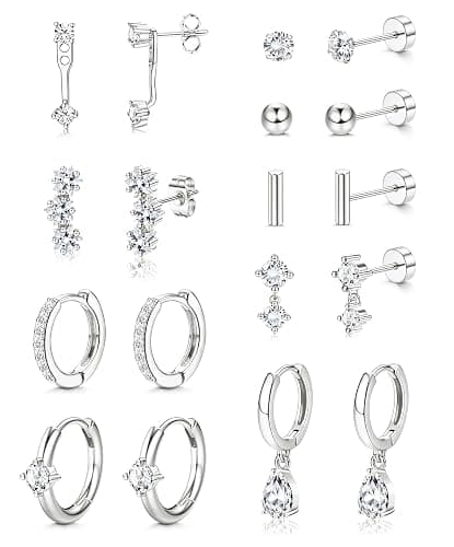 Hypoallergenic Stud Hoop Silver 14K Gold Plated Earrings Stacks - 9 Pairs Surgical Stainless Steel Earring Set for Sensitive Ears - Small Ear Piercing Flat Back Cartilage Earrings for Women Trendy Gifts thumbnail 7