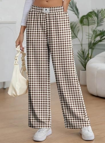 EVALESS Womens Gingham Pants High Waist Wide Leg Lounge Pants | Lightweight Comfy Fabric, Elastic Waist Side Pockets, Summer to Fall Travel Outfits thumbnail 2