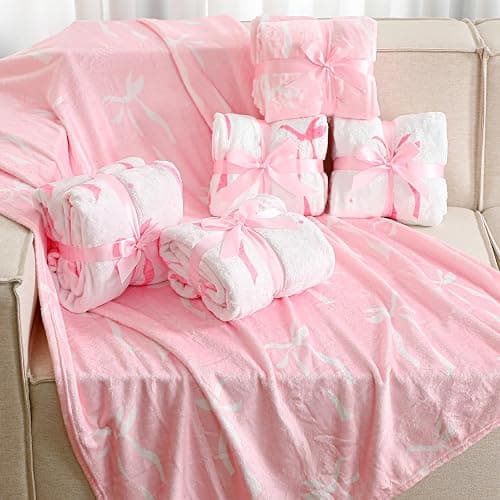 Buryeah 6 Pcs Pink Throw Blanket Preppy Sleepover Blanket 40"x60" Flannel Soft Decor Lightweight Aesthetic Plush Room Decor for Sofa Couch Travel Bed Christmas Decoration(Pink, Bowknot) thumbnail 5