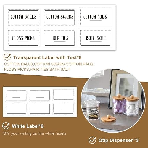 VITEVER 3 Pack Qtip Holder Dispenser with Bamboo Lids - 10 oz Clear Plastic Apothecary Jar Containers for Vanity Makeup Organizer Storage - Bathroom Accessories Set for Cotton Swab, Ball, Pads, Floss thumbnail 3