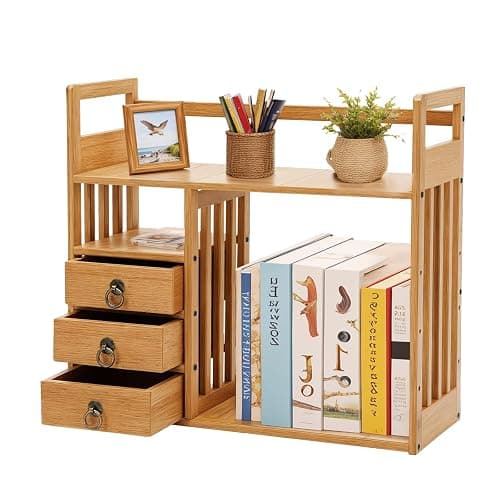 Veruopes Bamboo Desk Shelves with 3 Drawers Office Desktop Storage Rack Desk Top Document Storage Organizer Rectangular Desktop File Holder Open Design for Office Home School 19.7 * 7.5 * 17.7in - Image 1