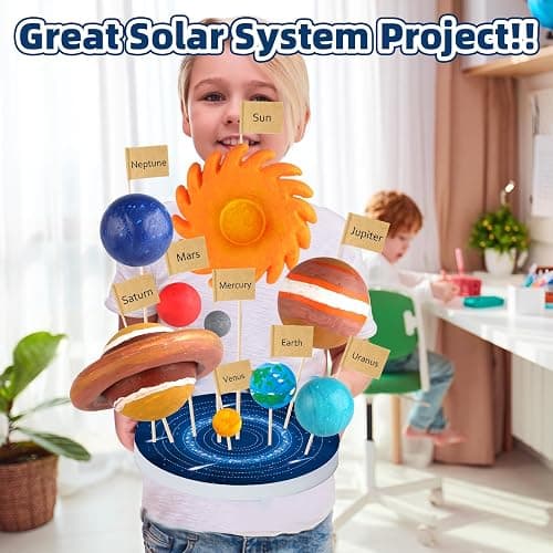 64 PCS Solar System Project Kit, Solar System Model Kit with 13 Mix Foam Balls, Solar System Toys for Kids 3-5, Learn Planets Science Kit School Project Supplies of Bamboo Sticks, Flags, Brushes thumbnail 7