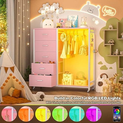 iSunirm 2 in 1 Chest of Drawers, Dresser for Bedroom,5 Fabric Drawers Dresser with LED Lights & Charging Station,Open Wardrobe with Clothes Rack,Pink thumbnail 3