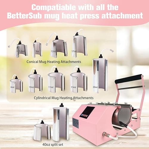 BetterSub 3in1 40 OZ Tumbler Mug Heat Press Machine 30 OZ 20 OZ 16 OZ Sublimation Straight Skinny Tumbler Mug,11 OZ 15 OZ 16 OZ Sublimation Mug Heat Transfer Pink thumbnail 7