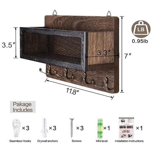 ADIIL Mail and Key Holder for Wall Decorative, Wooden Wall Mount Key Rack Hanger Organizer with 4 Double Key Hooks, Rustic Home Decor for Entryway Hallway, Brown thumbnail 3