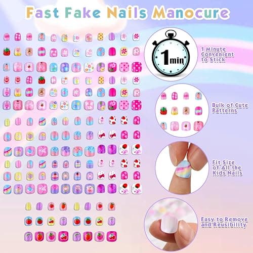 168Pcs Kids Press on Nails Set for Little Girls, Shynek Mini Fake Nails for Kids Pre Glue Stickers Nails Full Cover Small Nail Tips for Girls Gifts 8-10 (Extra Small Nail Size) thumbnail 4