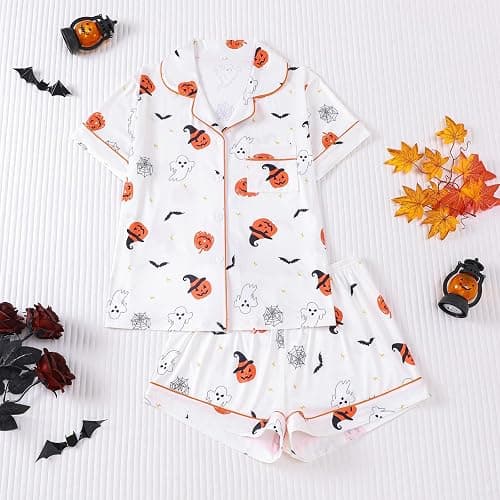 Halloween Pajama Sets for Women 2 Piece Ghost Pumpkin Print Shirts and Pajamas Shorts Button Down Short Sleeve Sleepwear thumbnail 2