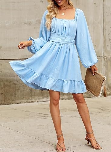 Dokotoo Womens Dress Long Lantern Sleeve Square Neck Tie Backless Sexy Dress Ruffle Elastic Waist A-Line Mini Dress thumbnail 3