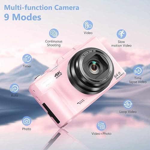 4K Digital Camera for Photography, 64MP Vlogging Camera for YouTube with 3" 180° Flip Screen, 18X Digital Zoom Point and Shoot Camara with 32GB Micro SD Card for Beginner (Light Pink) thumbnail 6