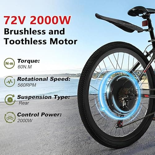 Electric Bicycle Kit, 72V 2000W E-Bike Rear Wheel Hub Motor with Mutifunction LCD Display & Pedal Assistant Sensor, 60N.M 7-Speed Flywheel E-Bike Conversion Set US Stock thumbnail 4