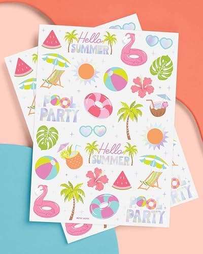 xo, Fetti Pool Party Temporary Tattoos - 68 Iridescent Foil Pcs | Summer Birthday Accessory, Kids Waterpark Party Favor, Cute Beach Activity thumbnail 2