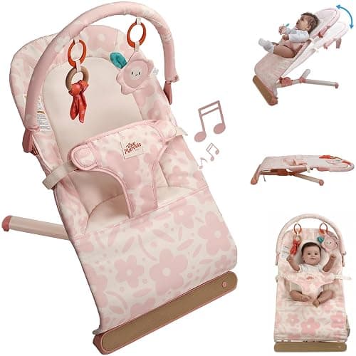 Tiny Marvels Baby Bouncer, Portable Infant Bouncer Seat with Soothing Music & 3-Point Harness, Foldable and Lightweight for Newborn to Toddler 0-12 Months, Under 20 lbs - Image 1