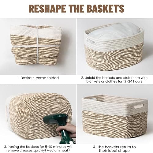 Yilobi 5 Pack Woven Storage Baskets for Shelves, Decorative Basket Organizer Storage Bins for Toys, Books, Clothes, Closet, Nursery, Bathroom – Cotton Rope Shelf Baskets for Organizing, Khaki & White thumbnail 7