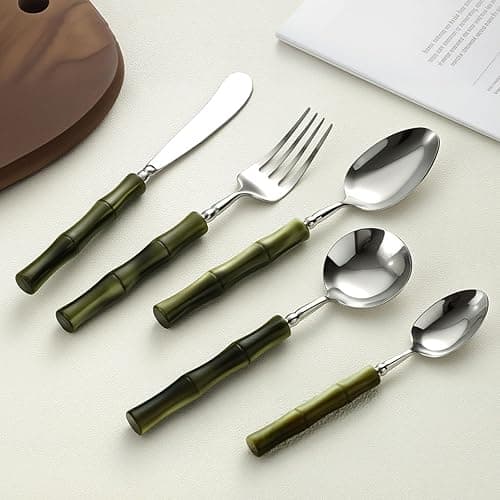 50 Piece Silverware Set Service for 10,Premium Bamboo Acrylic Handle Flatware Set Home Include Fork Knife Spoon Set Package for Christmas and Thanksgiving（Green） - Image 1