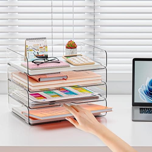 YKLSLH 4 Trays Paper Organizer Letter Tray - Acrylic Desk File Organizer, Stackable Clear Paper Holder Sorter Office Organizer for Letter/A4, Office File Ipad Books Notes Etc thumbnail 8