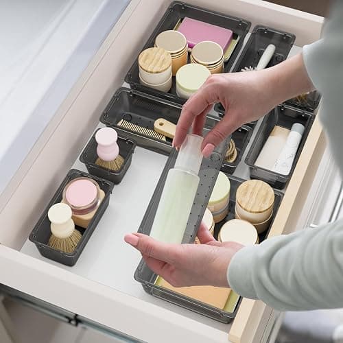 SpaceHacks 15 PCS Clear Plastic Drawer Organizer Set, 4-Size Acrylic Drawer Storage Trays, Storage Bins for Makeup, Gadgets, and Jewelry in Bathroom, Bedroom and Office, Clear Black thumbnail 2