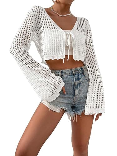 SHENHE Women's Tie Front Tops Bell Long Sleeve Knit Crochet Cardigan Crop Top - Image 1