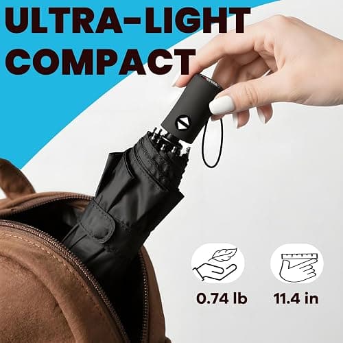 SIEPASA Compact Travel Umbrella - Windproof Auto Open/Close, Small Folding Umbrella for Rain - Lightweight & Durable with Fiberglass Frame, Waterproof Canopy - Fits Backpack, Purse, Suitcase. (Black) thumbnail 3