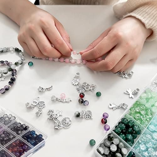Rujiaoa 8mm Crackle Glass Beads for Bracelets, 1200PCS Adult Bracelet Making Kit with Elastic Cord & Charms, DIY Jewelry Gifts for Beginners thumbnail 4