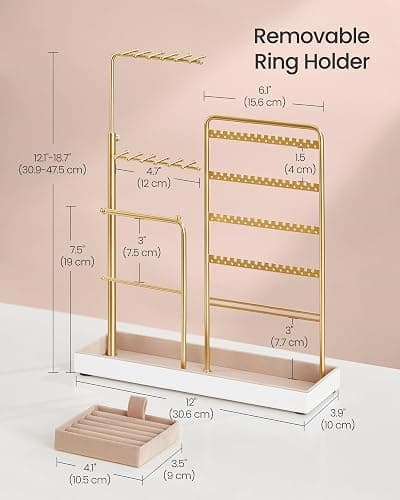SONGMICS Jewelry Holder, Jewelry Storage Organizer Stand with Metal Frame, Velvet Tray, 12.1 to 18.7 Inches Tall Height Adjustable Necklace Holder, for Rings, Earrings, Pale Gold UJJS026A01 thumbnail 5