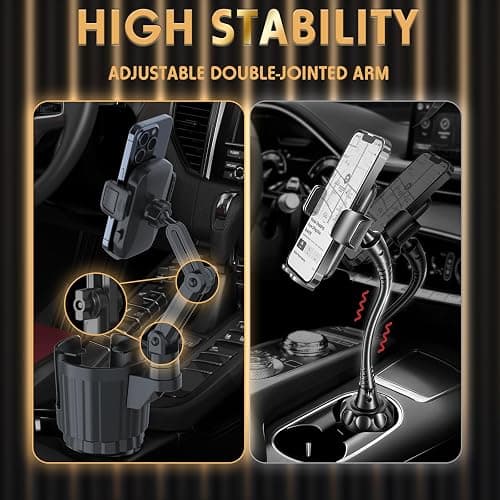 Phone Holders for Your Car, 2 in 1 Universal Cup Holder Expander Adjustable Base with Phone Mount, Long Arm with 360°Rotation Cup Holder Phones Mount for Car Compatible with All Smartphones thumbnail 2