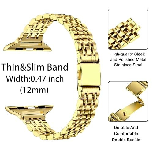 MioHHR Slim Metal Band Compatible with Apple Watch Bands 42/41/40/38mm | Thin Luxury Stainless Steel iWatch Bands Series 11/10/9/8/7/6/5/4/3/2/1/SE3/SE2/SE for Women,Gold thumbnail 4