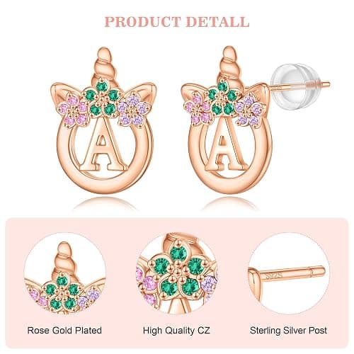 Stocking Stuffers for Girls Kids - 925 Sterling Silver Hypoallergenic Initial Unicorn Earring for Girl Jewelry Birthday Gifts Christmas Gifts for Grandkids Girls Kids thumbnail 5