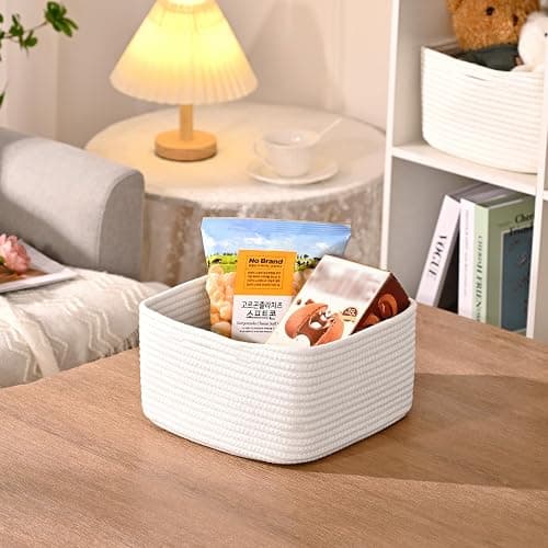 Storage Baskets for Shelves, 2 Pack Shallow Basket - 10.5" x 10.5" x 5.5", Rope Baskets for Organizing Toys, Snacks, Cube Storage Bins for Closet, Bedroom, Nursery, White thumbnail 9