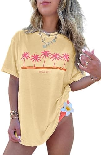 Vintage Oversized Flower Graphic Tees Cute Surfboard Palm Baggy T-Shirts Summer Preppy Beach Tops Teen Girls Clothes - Image 1