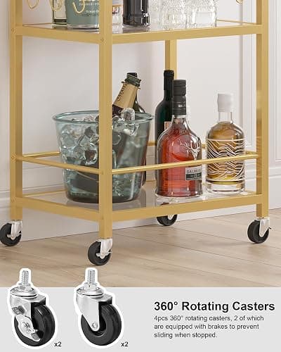 TUTOTAK Bar Cart, Home Bar Serving Cart with 3-Tier Mirrored Shelf, Drink Cart, Mobile Kitchen Shelf with Wine Rack, Gold BC01BB033 thumbnail 7