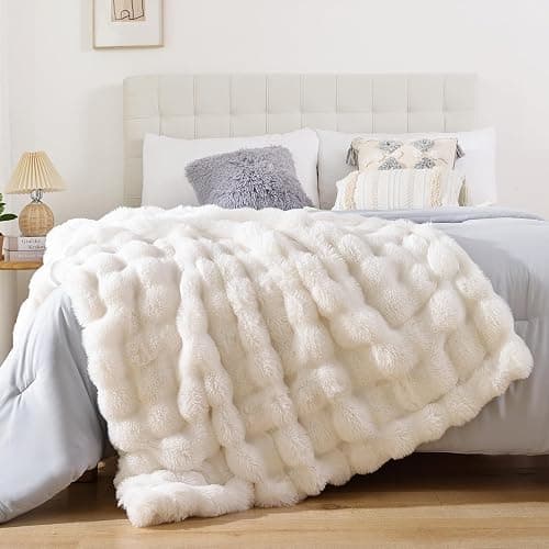 YIKUSH Faux Fur Blanket Fleece Cream White Fluffy Blanket for Sofa, Cozy Soft Plush Throw Blanket for Couch Bed, Luxury Thick Fuzzy Couch Blanket for Winter, Comfy Bubble Blanket - 60" x 80" thumbnail 6