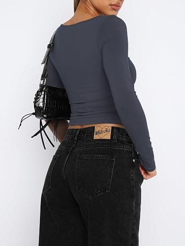 ForeFair Women's Sexy Long Sleeve Going Out Tops Pleated Bustier Shirt Cute Sweetheart Neck Y2K Cropped Top thumbnail 6