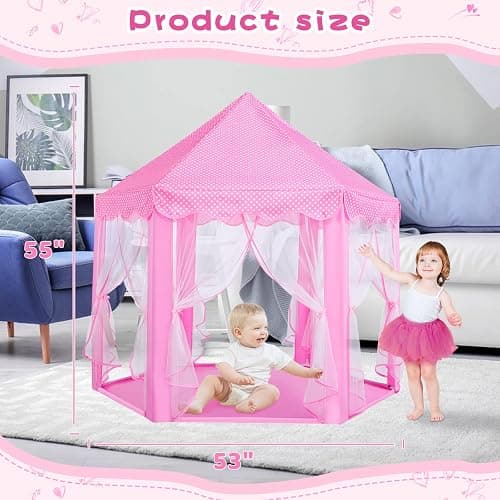 Monobeach Princess Tent Girls Large Playhouse Kids Castle Play Tent with Star Lights Toy for Children Indoor and Outdoor Games, 55'' x 53'' (DxH) (Pink Princess Tent with Play Mat) thumbnail 6