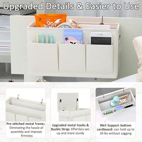 Edudif Dual-purpose Bedside Caddy Bedside Organizer, Bed Caddy with 6 Pockets, Versatile Bedside Storage Solution Magazine Remotes holder, ideal for Home, Dorm, Hospital, Crib Bed (White) thumbnail 5