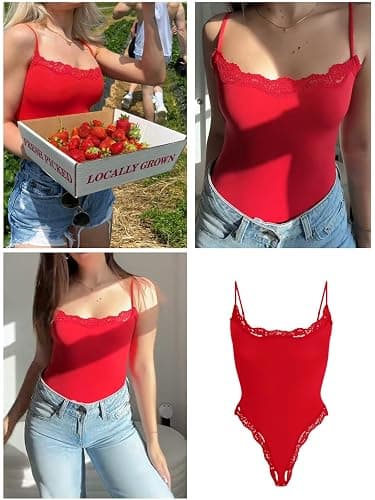 Starrylion Lace Body Suit Square Neck Tops for Women Sleeveless Spaghetti Strap Tank Top Bodysuits for Women Sexy Jumpsuit thumbnail 3