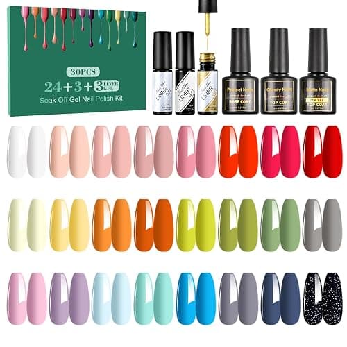 ERARROW 30 Pcs Gel Nail Polish Set, Nail Polish 24 Colors, Popular Nail Art Colors UV LED Soak Off Nail Gel Kit with Glossy & Matte Top Coat Base Coat… - Image 1