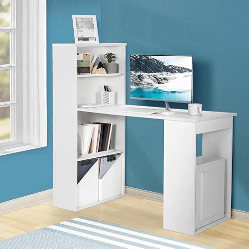 COSTWAY 122cm Computer Desk, Wooden PC Laptop Table Writing Workstation with 6-Tier Storage Bookshelves, Modern Home Office Working Study Desk (White) thumbnail 9