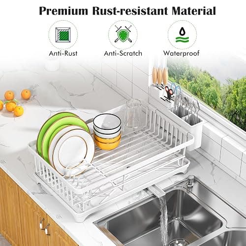 Kmiectse Dish Drying Rack for Small Kitchen Counter with Utensil Holder | Space Saving, Rust Resistant, Quick Drainage Dish Rack, Compact Dish Drainer Organizer for Home Kitchen, White thumbnail 4