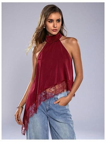 Milumia Women's Halter Neck Sleeveless Top Lace Asymmetrical Hem Summer Going Out Tank Tops thumbnail 3