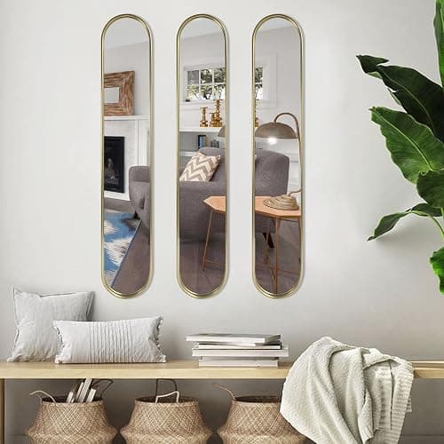 OUSHUAI Gold Tall Mirror,Narrow Capsule Long Mirrors with Metal Frame for Entryway,Hallway,Living Room 44"X8" (3pcs) thumbnail 8