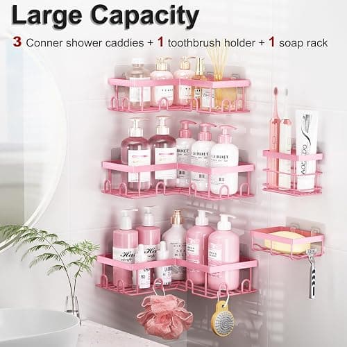 Liuoud Corner Shower Caddy 5 Pack, Rustproof Stainless Steel Shower Organizer with Soap Rack Toothbrush Holder, Large Capacity Adhesive No Drilling Bathroom Kitchen&Home Decor Set, Pink thumbnail 3
