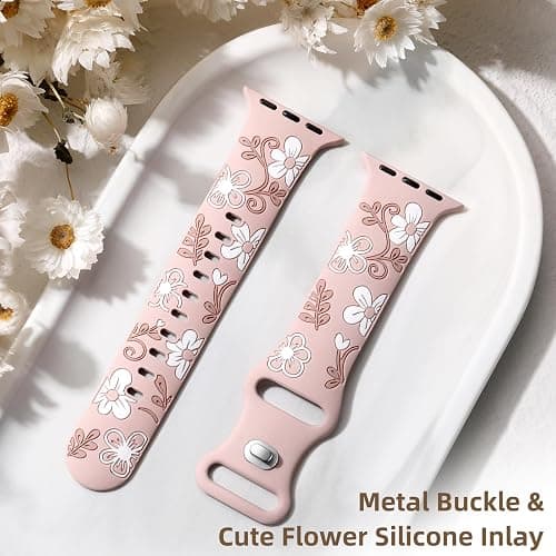 Witzon Floral Band Compatible with Apple Watch Bands For Women 40mm 41mm 38mm 42mm 44mm 45mm 46mm 49mm, Engraved Cute Flower Silicone Dressy Strap for iWatch Series 11 10 9 8 7 6 5 4 3 2 SE Ultra thumbnail 6
