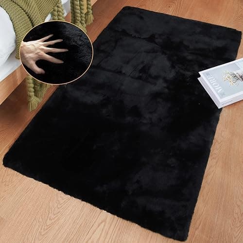 ORINOVA Faux Rabbit Fur Rug Machine Washable Area Rugs Black Fur Rug for Living Room Fuzzy Rugs for Bedroom Teen Room Decor Small Sheepskin 2x3 Rectangle Rugs - Image 1