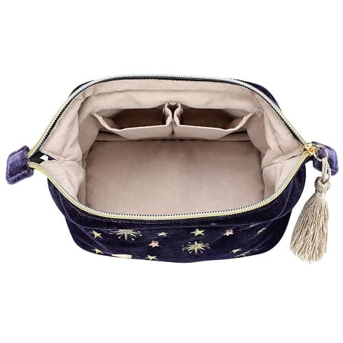 SZZCX Handy cosmetic makeup bag,Navy Velvet Embroidered Applique Moon Stars Cosmetic Bag,Starry Makeup Pouch with Tassels & Pearl Zipper,Beautician Storage Bag thumbnail 5