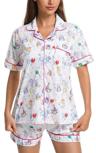 Womens Pajamas Set Button Down 2 Piece Cute Monkey Bunny Y2k Preppy Heart Pjs Sets Lounge Comfy Sleepwear thumbnail 6