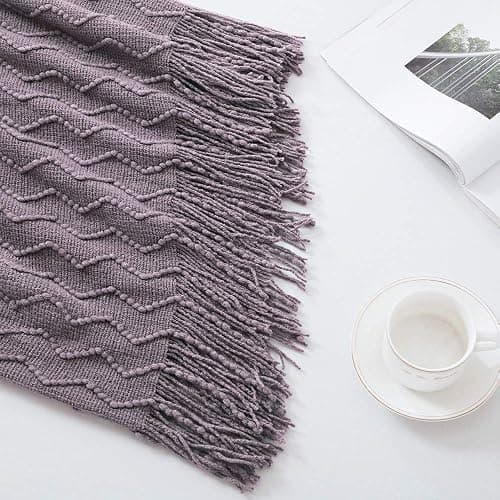BOURINA Dark Lavender Throw Blanket 50x60 Inch Knit Soft Throw Sofa Blanket | Knitted Throw Blanket 50x60 Inches, Soft Lightweight Boho Weave Throw Decorative Couch Blanket for Living Room Bedroom Chair thumbnail 3