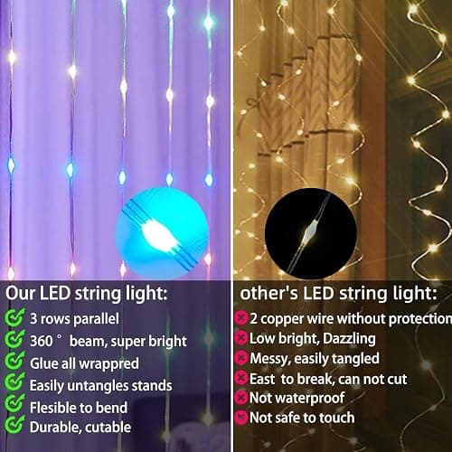 QINER LED Curtain Lights Indoor, 9.8 FT x 9.8 FT 300 LED with USB APP Control, Multiple Modes Selection, Smart Curtain Light for Bedroom,Halloween,Christmas, Wedding,Valentine's Day, Party thumbnail 5