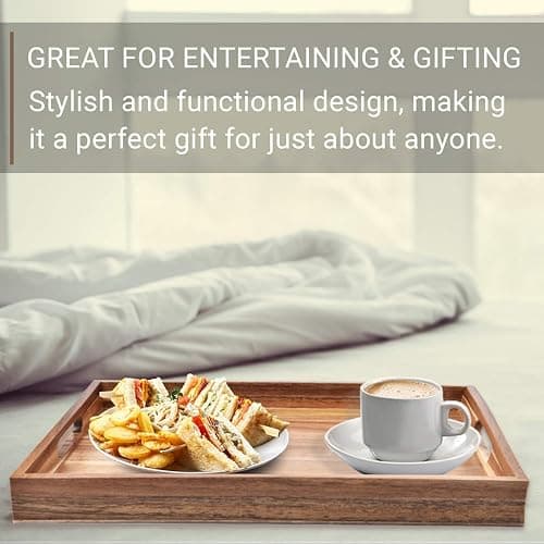 Acacia Wood Serving Tray with Handles Set of 2 – Decorative Serving Trays Platter for Breakfast in Bed, Lunch, Dinner, Patio, Ottoman, Coffee Table, BBQ, Party –Great for Lap &Couch thumbnail 4